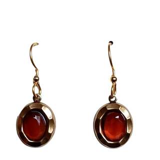 Red Stone within Beveled Oval Dangle Earrings