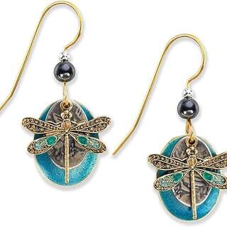 Dragonfly on Teal Enamel Ovals Dangle Earrings