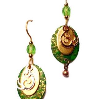 Silver Forest Green Mottled & Goldtone Ovals and Beads Dangle Earrings