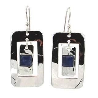 Silvertone Rectangles with Center Bead Dangle Earrings