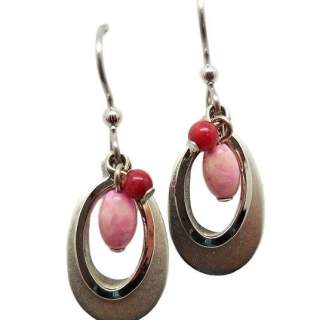 Silvertone Open Ovals Pink Beads Dangle Earrings