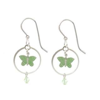 Open Circles with Green Butterfly Dangle Earrings