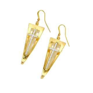 Brass and Glitter Cross Earrings