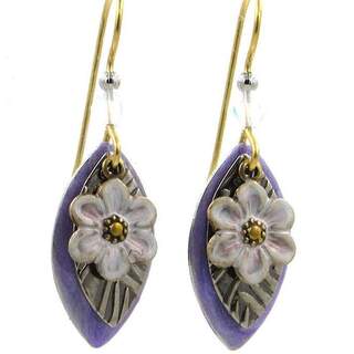 White Flower on Purple and Silvertone Layers Dangle Earrings