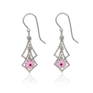 Silvertone Shapes Pink Flower dangle Earrings