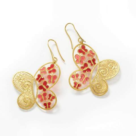 Brass and Enamel Butterfly Drop Earrings