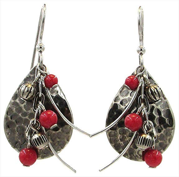 Hammered Teardrops with Red Beads Dangle Earrings Silver Forest